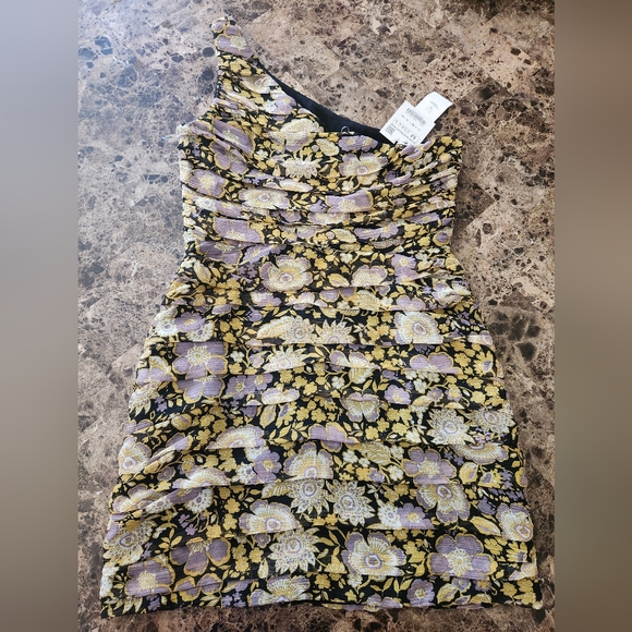 Zara Dress Womens Medium Yellow Floral Print Ruched Draping One Shoulder - Picture 3 of 6